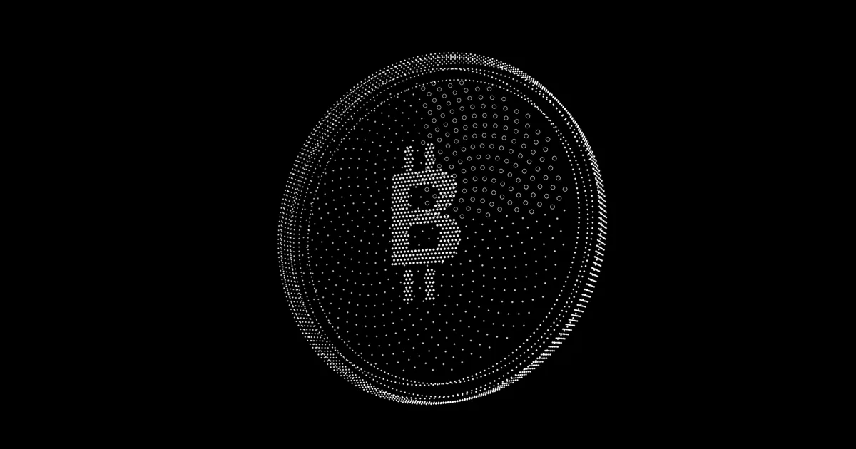 A coin drawn in white dots with the Bitcoin B on its face. A quarter of the face is drawn in rings instead of dots.