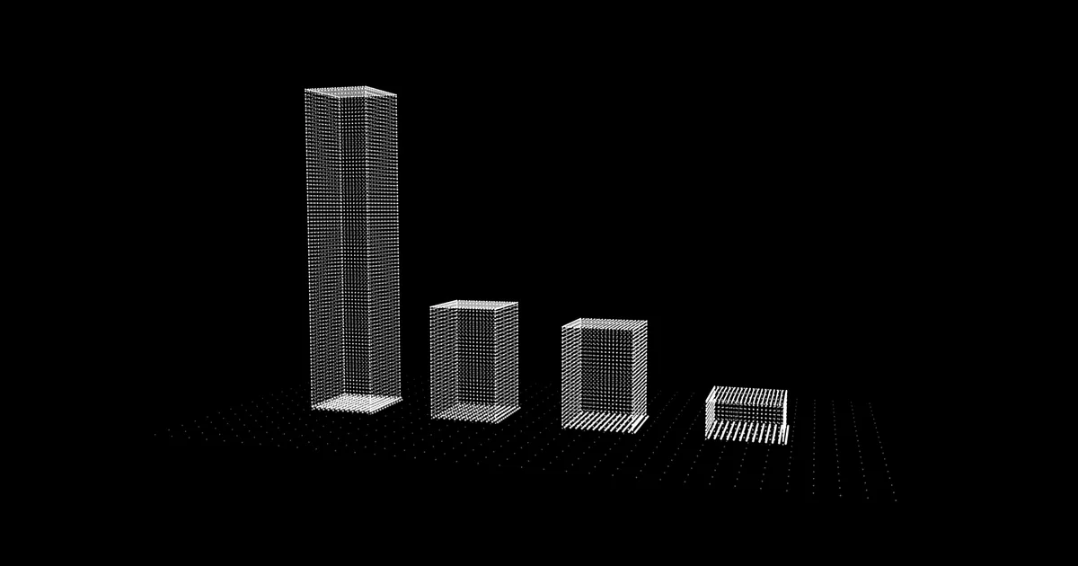 Four towers of white dots on a dotted floor, scaled to the market values of IonQ, D-Wave, Rigetti and Quantum Computing Inc. A thin bright layer at the base of each is a year of revenue on the same scale.
