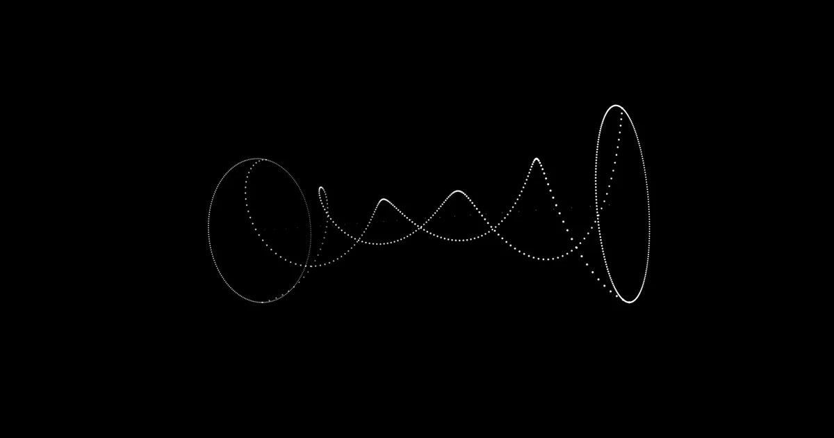 Two rings of white dots, side by side, joined by two strands of dots that twist around each other.