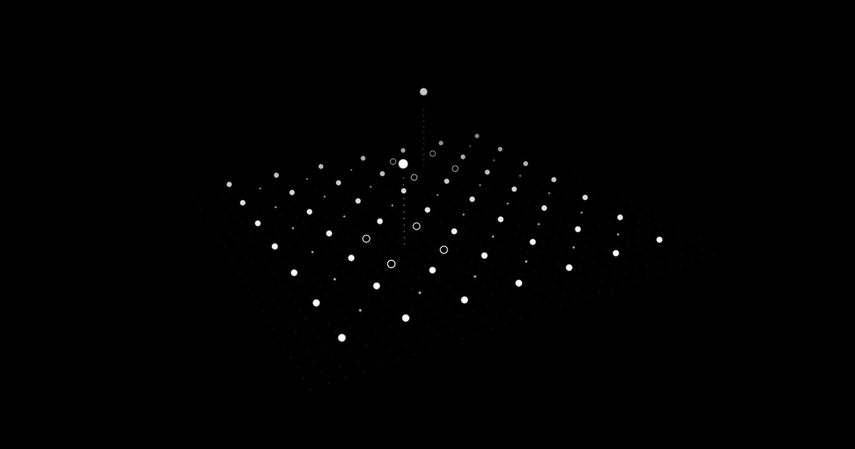 A square grid of white dots seen at an angle, with smaller dots between them. Two dots have lifted out of the grid, and the small dots around each have become rings.