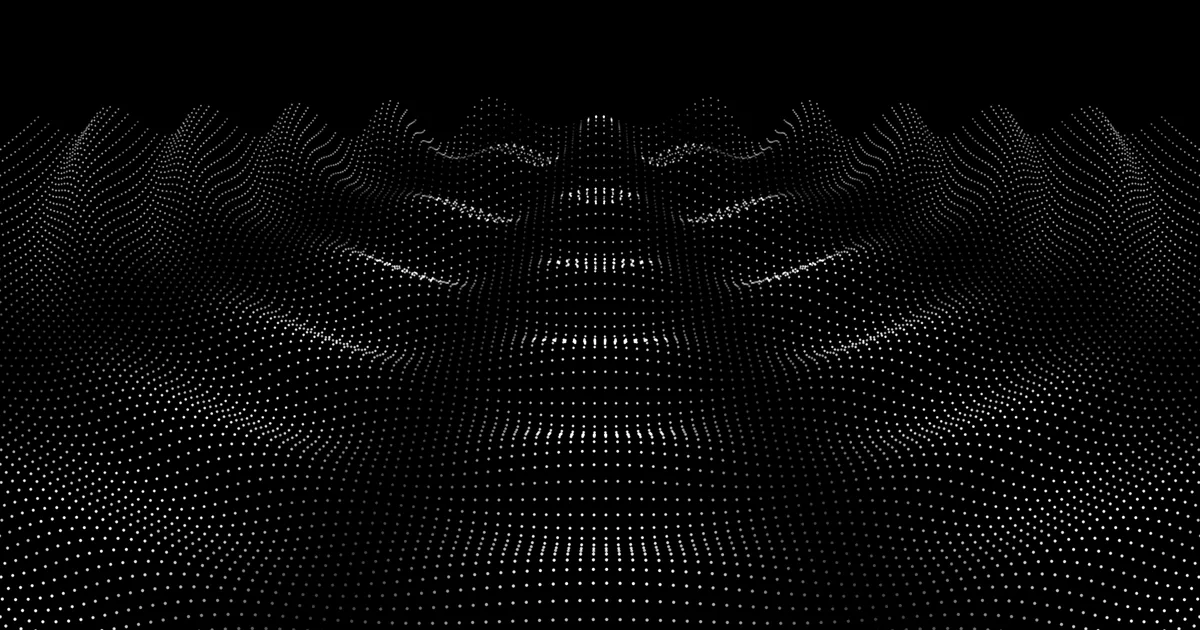 A sheet of white dots rippled by two sources. Dark lines fan out where the waves cancel.
