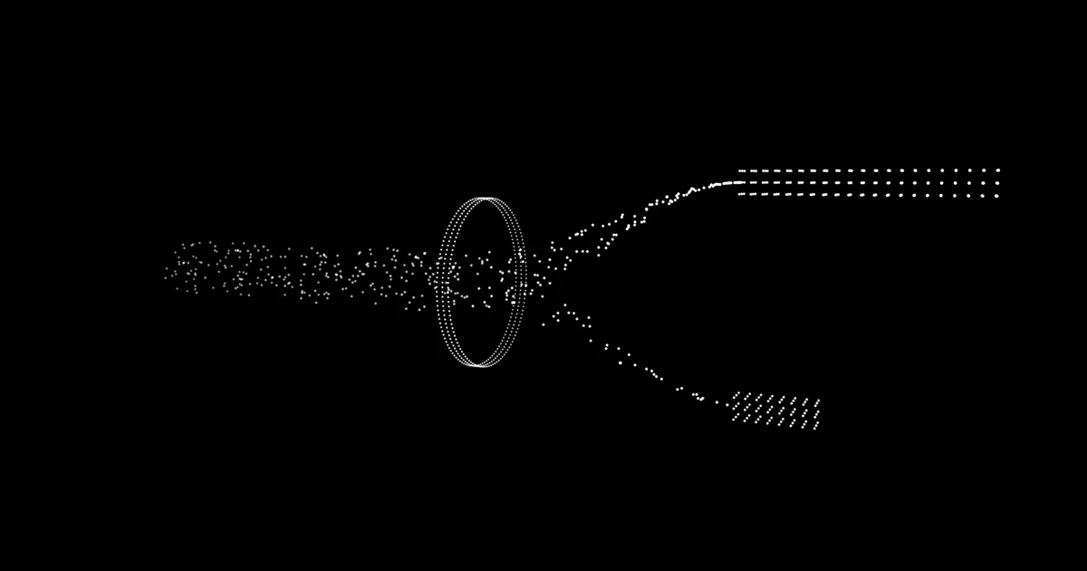 A stream of white dots passes through a ring and splits into two rows: a long one for 0 and a short one for 1.