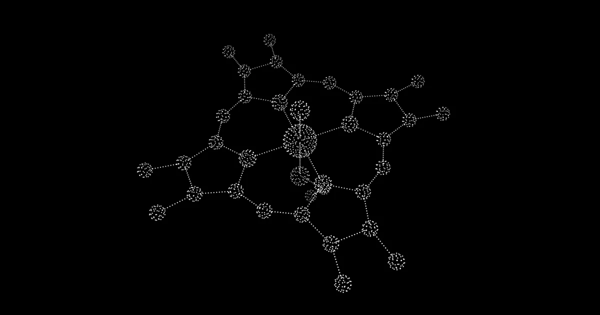 A heme molecule drawn in white dots: a flat ring of carbon and nitrogen atoms around a central iron atom, with an oxygen above and a sulfur below.