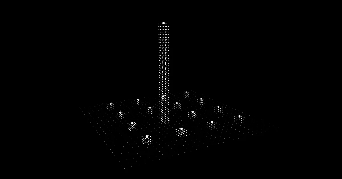 Sixteen columns of white dots on a 4 by 4 floor. One column is tall and the other fifteen are short.