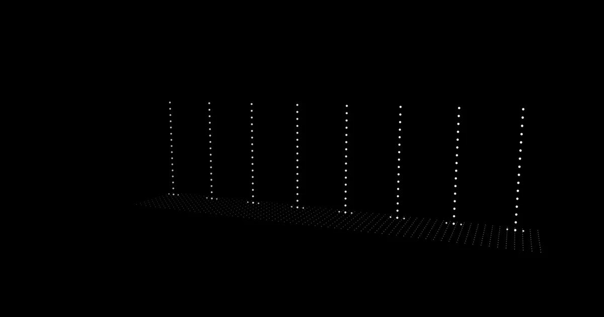 A long floor of white dots with eight tall columns of dots standing on it, evenly spaced.